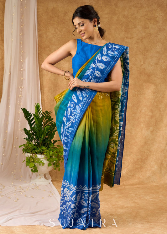 Vibrant Hand Batik Floral Ombre Effect Designer Cotton Saree