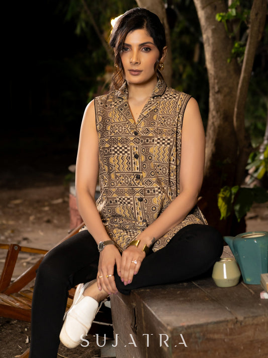 Minimal Sleeveless Kalamkari Shirt in Brown