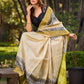 Off-White Handwoven Pure Tussar Silk Block Printed Saree with Traditional Green and Gold Zari Detailing