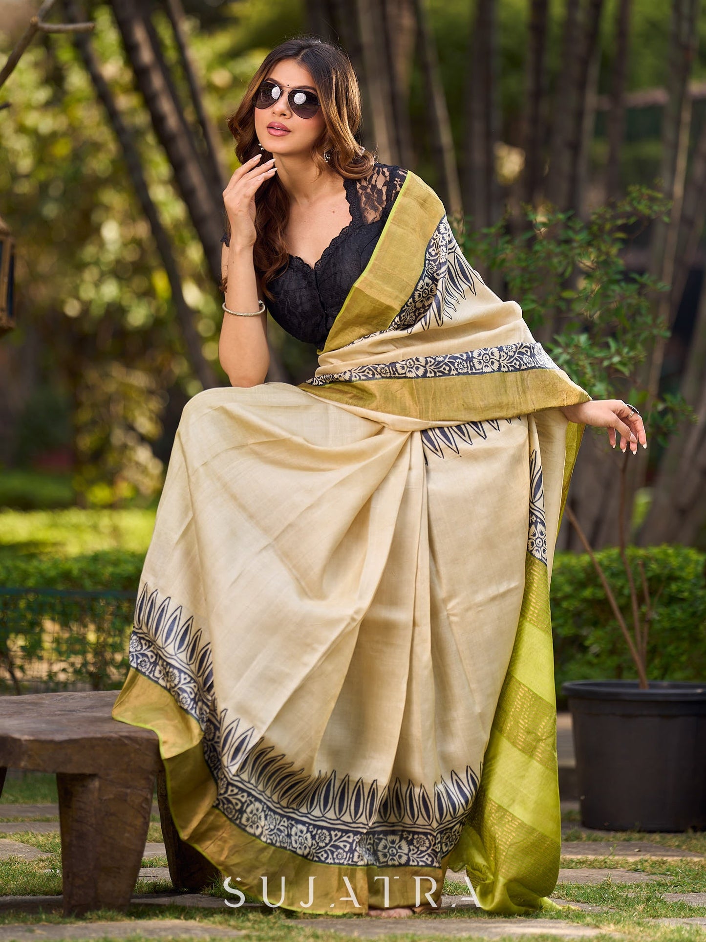 Off-White Handwoven Pure Tussar Silk Block Printed Saree with Traditional Green and Gold Zari Detailing