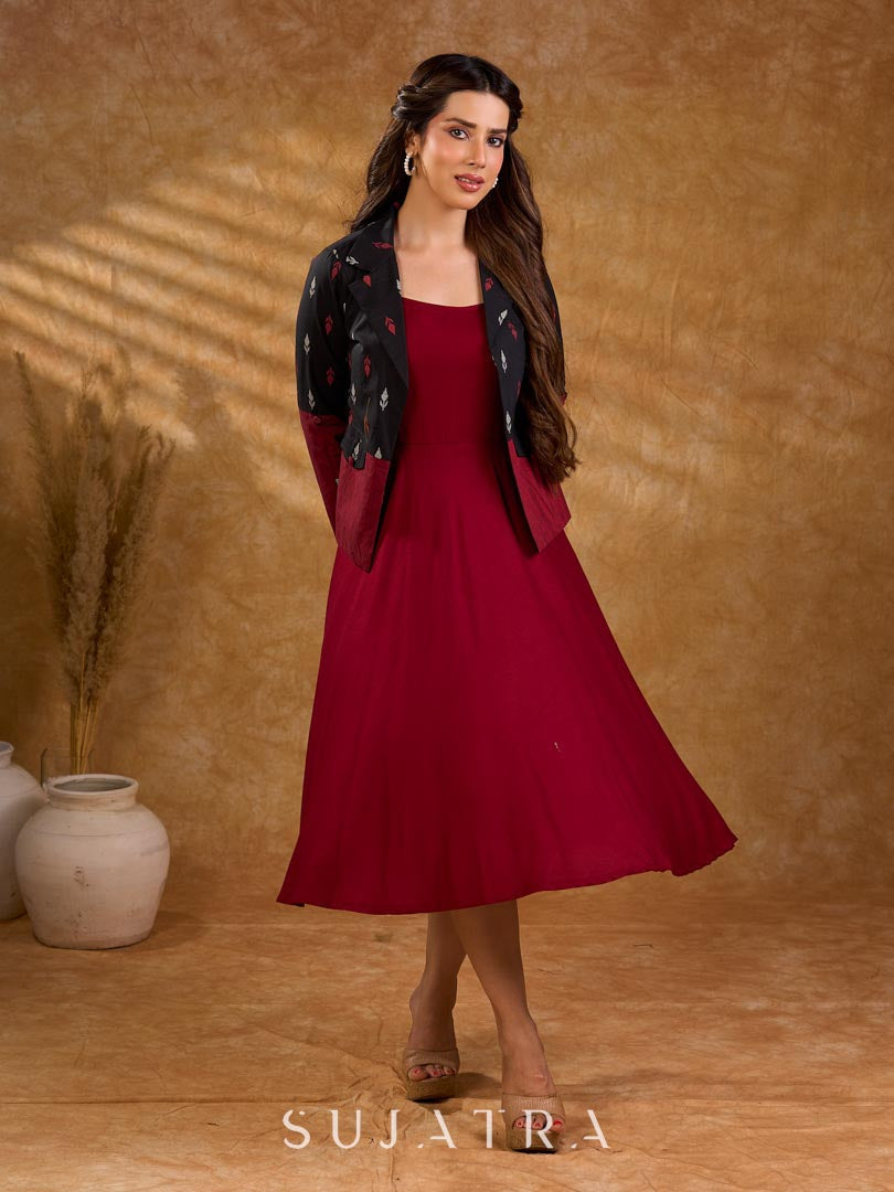 Sharp black and maroon half-and-half Jamdani jacket with functional flap pockets, offering a structured silhouette with bold contrast and refined detailing for elevated corporate styling.