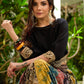 Modern colourful Ajrakh lehenga beautifully contrasted by a sleek black gathered topwear.
