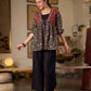 Graceful Ajrakh Printed Tie-Front Gathered Top With Elegant V Neckline And Softly Gathered Sleeves
