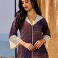 Indigo And Maroon Striped Cotton Dress With Contrast Lace & Hakoba Accents