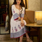 Blooming White Flared Cotton Dress with Placement Block Print Florals & Indigo Geometric Hem & Cuff Band