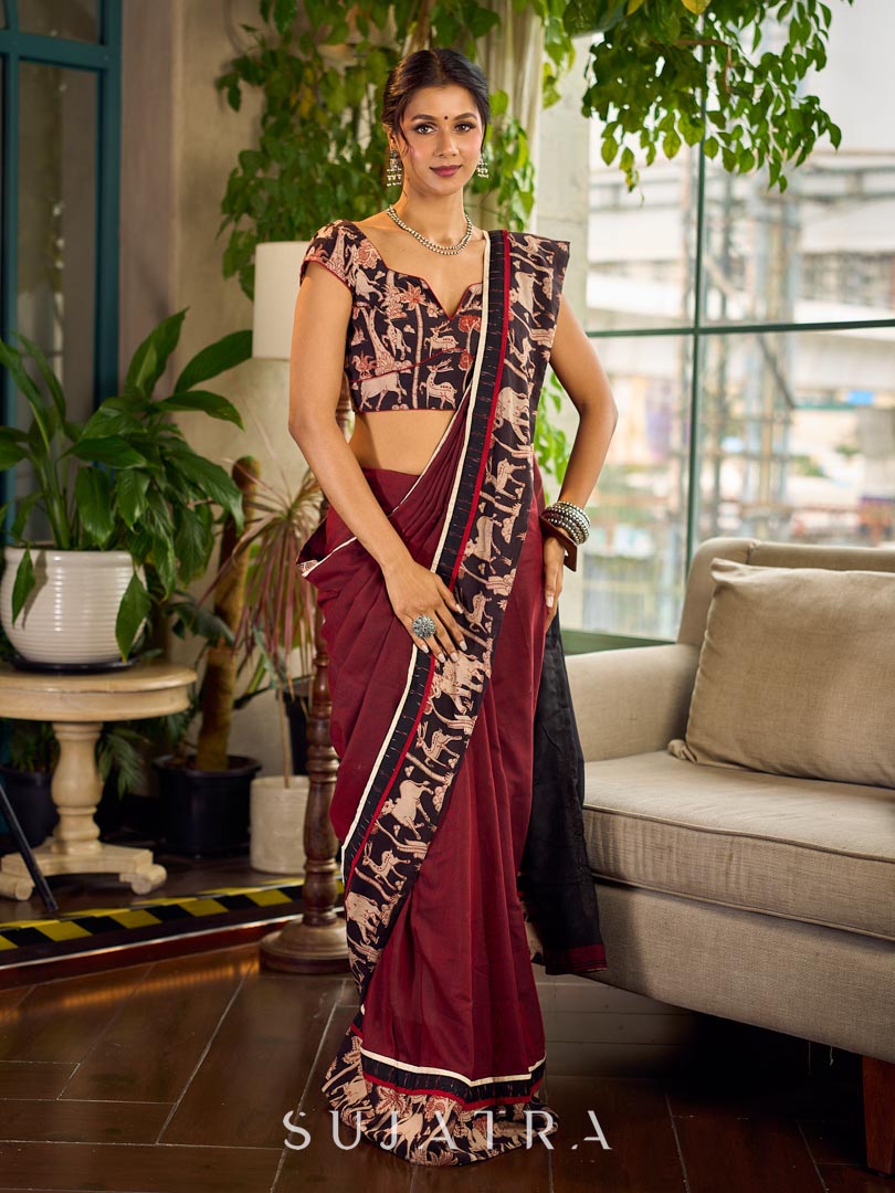 Classic Maroon-Black Dual-Tone Cotton Saree with Kalamkari Border & Pallu