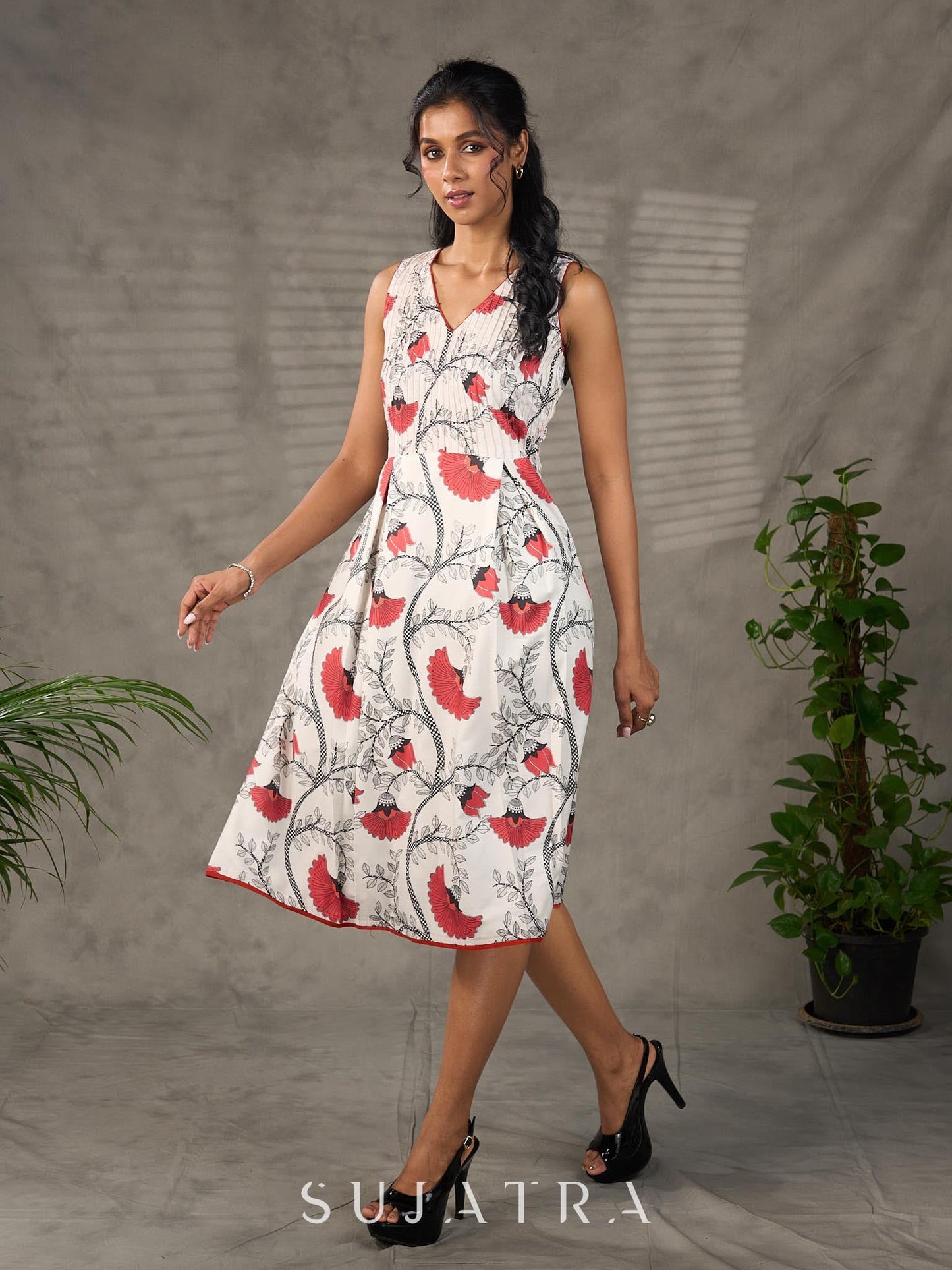 White and orange Kalamkari printed dress with elegant pintuck detailing