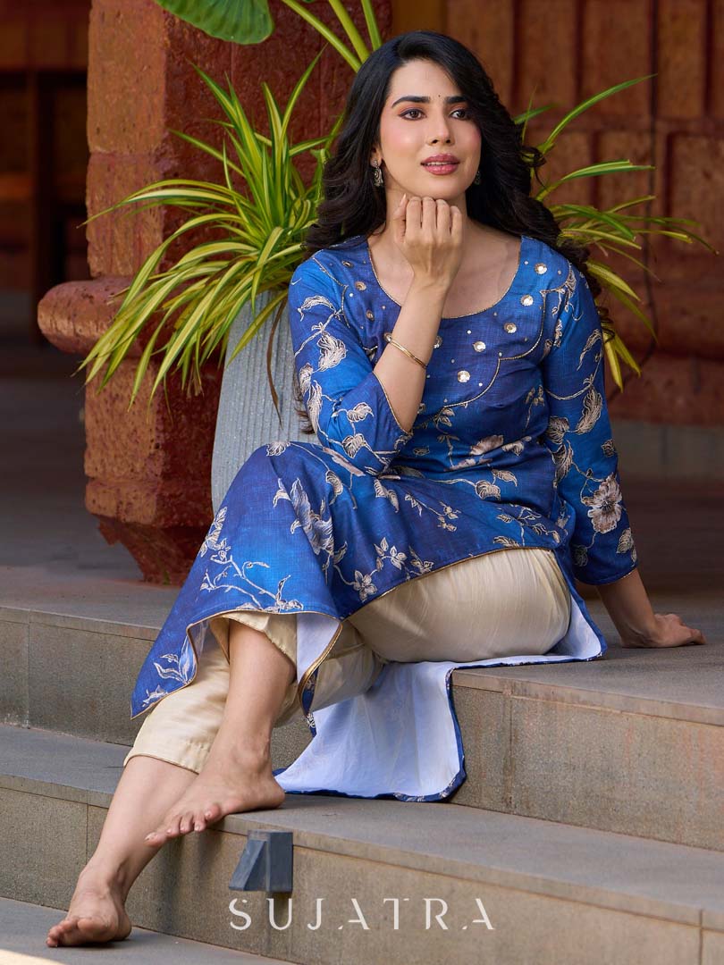 Statement royal blue printed kurta elevated with a sculpted scallop neck panel and shimmering sequins handwork