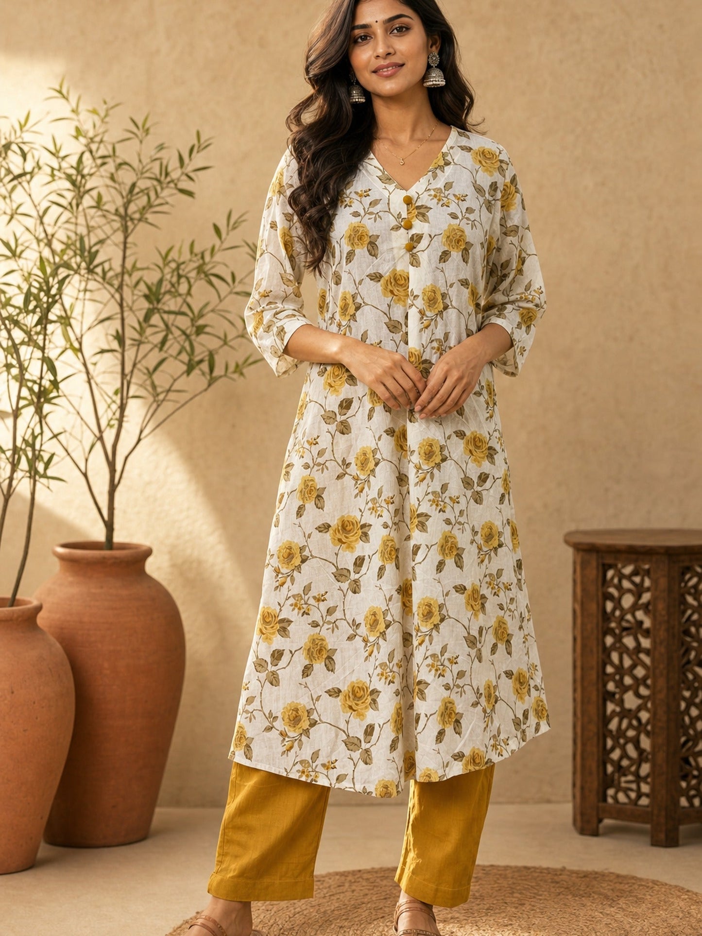 Chic White Floral Printed Cotton Kurta with Straight Silhouette
