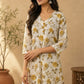 Chic White Floral Printed Cotton Kurta with Straight Silhouette