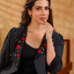 Exquisite black Ikat jacket with offset collar flaps and detailed red floral vine embroidery, delivering a sculpted, high-impact silhouette with refined presence for corporate styling.
