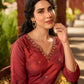 Classic deep rustic maroon kurta with detailed hand embroidery, statement olive and cream Pichwai artwork, and rich gold highlights