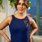 Modern navy dress enhanced by delicate, artistic Kalamkari side-applique work.