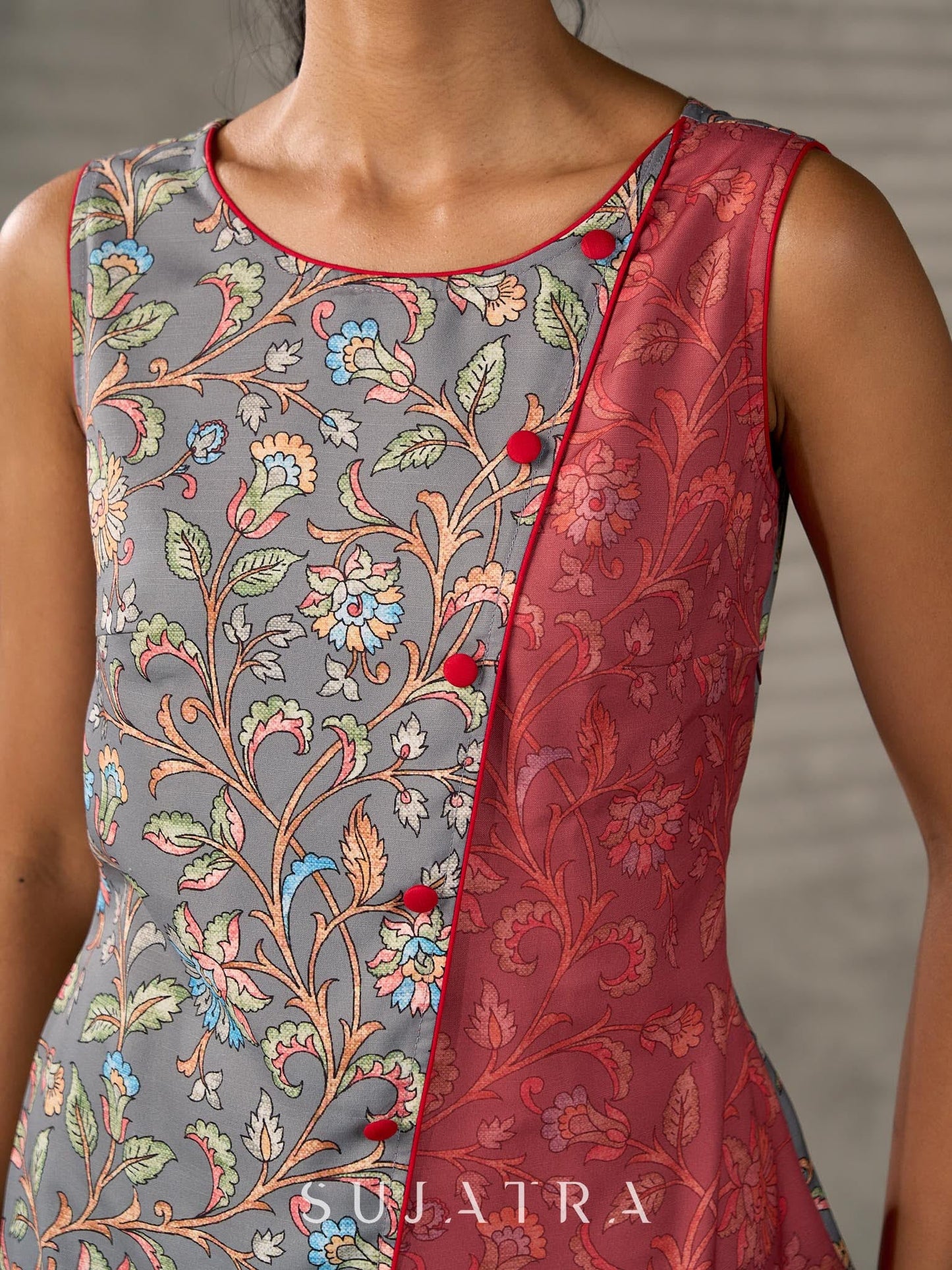 Grey and Rust Kalamkari inspired floral vine printed overlap dress with red accents