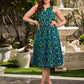 Elegant green and yellow mercerised Ikat dress featuring bold yellow accents and a sculpted-armhole sleeveless silhouette