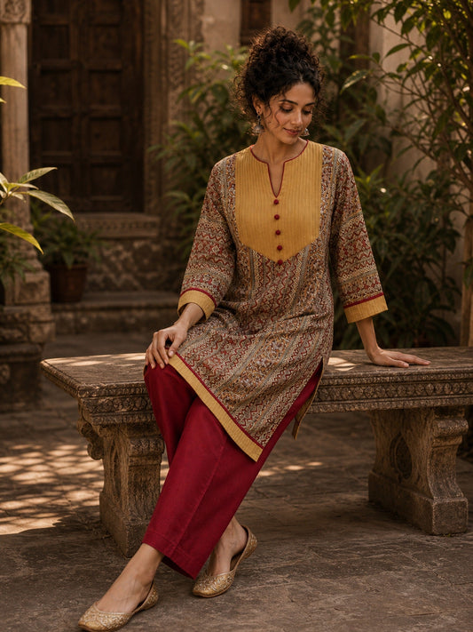 Mustard Geometric Print Short Kurta with Pin-Tucked Yoke & Contrast Maroon Button Detail