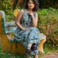 Artisan Indigo Floral Kurta with Black Mirror Work and Pleated Yoke Silhouette