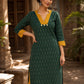 Classic Green Ikat Cotton Straight Kurta with Contrast Mustard V-Neckline & Scalloped Cuff Band