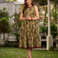 Graceful natural-printed halter dress elevated with subtle maroon highlights.