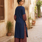 Sophisticated Navy Blue Pintucks Kurta with Delicate Embroidery & Contrast Kalamkari Cuffs