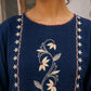 Sophisticated Navy Blue Pintucks Kurta with Delicate Embroidery & Contrast Kalamkari Cuffs