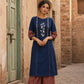 Sophisticated Navy Blue Pintucks Kurta with Delicate Embroidery & Contrast Kalamkari Cuffs