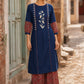 Sophisticated Navy Blue Pintucks Kurta with Delicate Embroidery & Contrast Kalamkari Cuffs