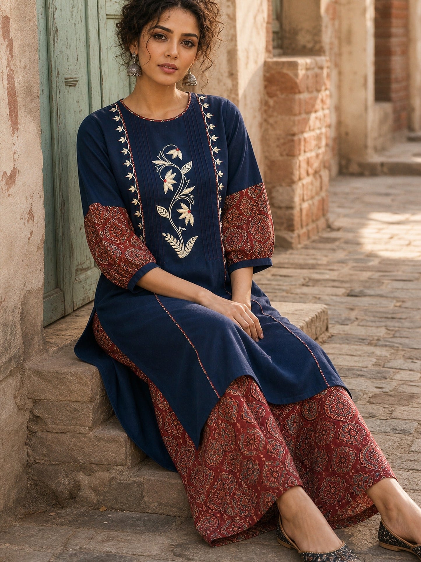 Sophisticated Navy Blue Pintucks Kurta with Delicate Embroidery & Contrast Kalamkari Cuffs