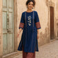 Sophisticated Navy Blue Pintucks Kurta with Delicate Embroidery & Contrast Kalamkari Cuffs
