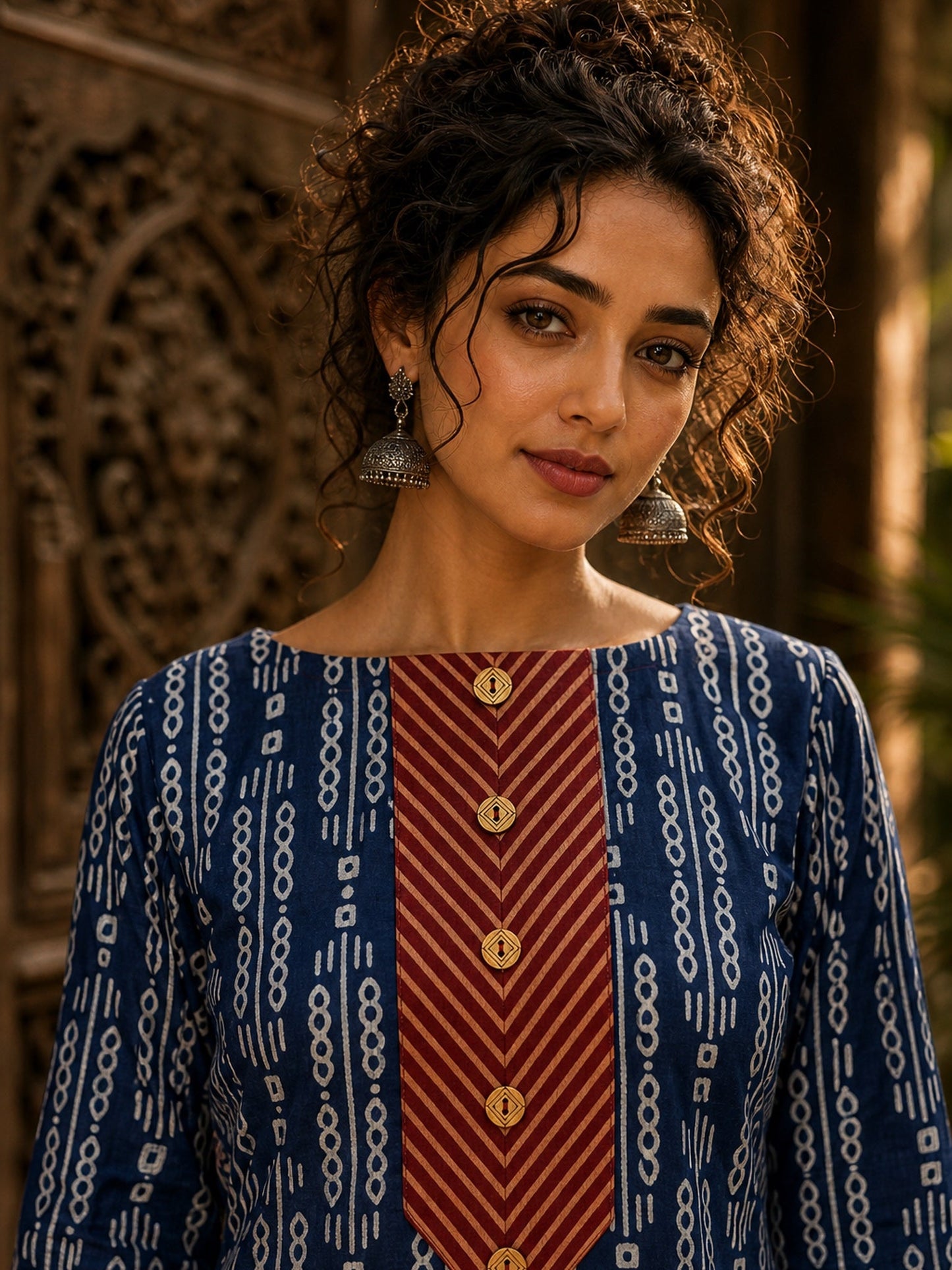 Indigo Dabu Print Kurta with Contrast Ajrakh Rust Chevron V-Placket & Matching Cuff Detail