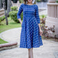 Navy blue handloom cotton checkered formal dress with front pocket