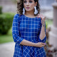Navy blue handloom cotton checkered formal dress with front pocket