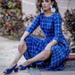 Navy blue handloom cotton checkered formal dress with front pocket