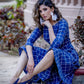 Navy blue handloom cotton checkered formal dress with front pocket