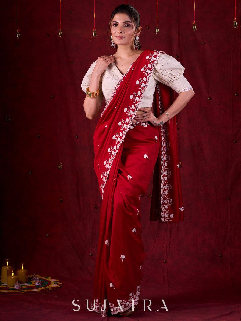 Ruby Red Chanderi Saree Adorned with All-Over Butta & Exquisite Embroidered Border