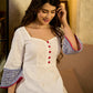Blooming White Flared Cotton Dress with Placement Block Print Florals & Indigo Geometric Hem & Cuff Band