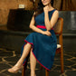 Moonlight Bloom Pintucked Navy Blue Flared Dress with Pink Pop