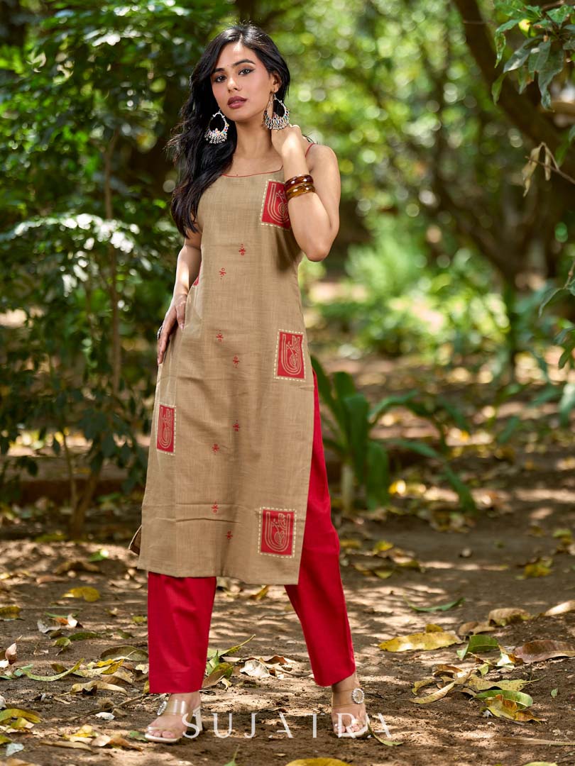 Minimal Beige Cotton Sleeveless Kurta with Artistic Red Hand Block Print