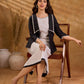 Ebony Black Stripe Cotton Cropped Formal Jacket with Sailor Collar and Ivory Trim