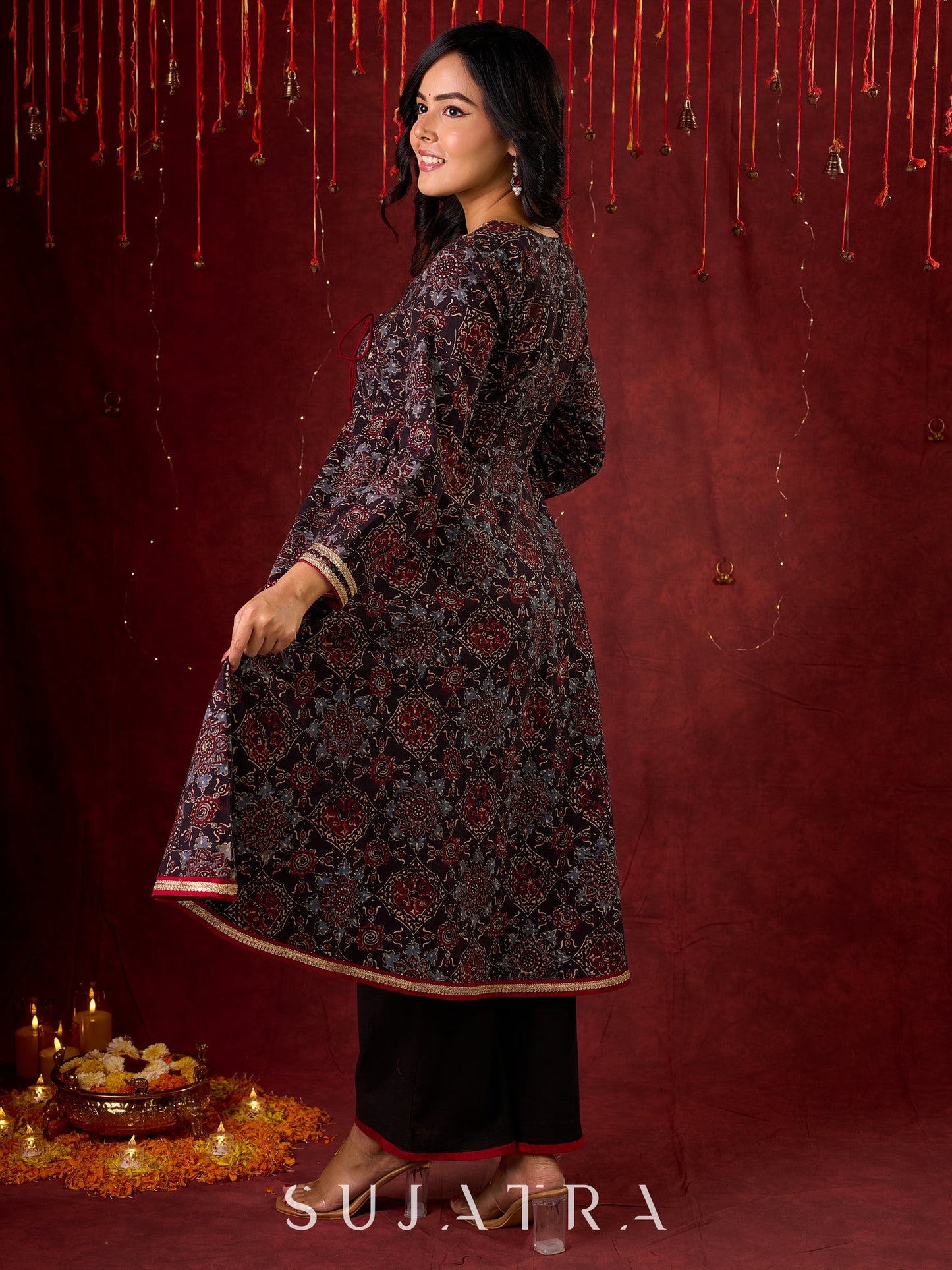 Timeless Black Ajrakh Flared Anarkali with Subtle Artisanal Hand Embroidered Touch