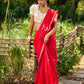 Striking Red Cotton Saree with Minimal Floral & Polka Print