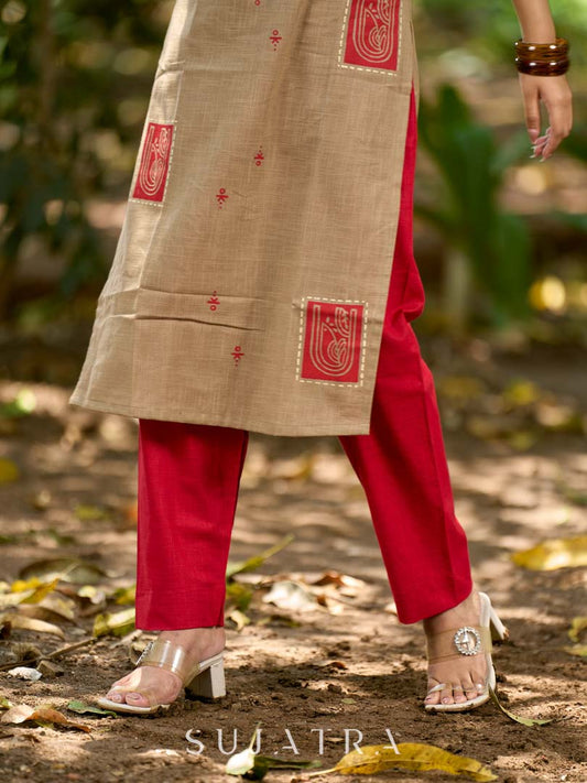 Striking Red Cotton Narrow Pants with Tailored Edge