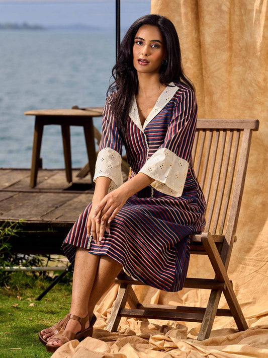 Indigo And Maroon Striped Cotton Dress With Contrast Lace & Hakoba Accents