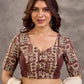Brown and Beige Geometric Print Blouse with Elbow Sleeves and Sweetheart Neckline