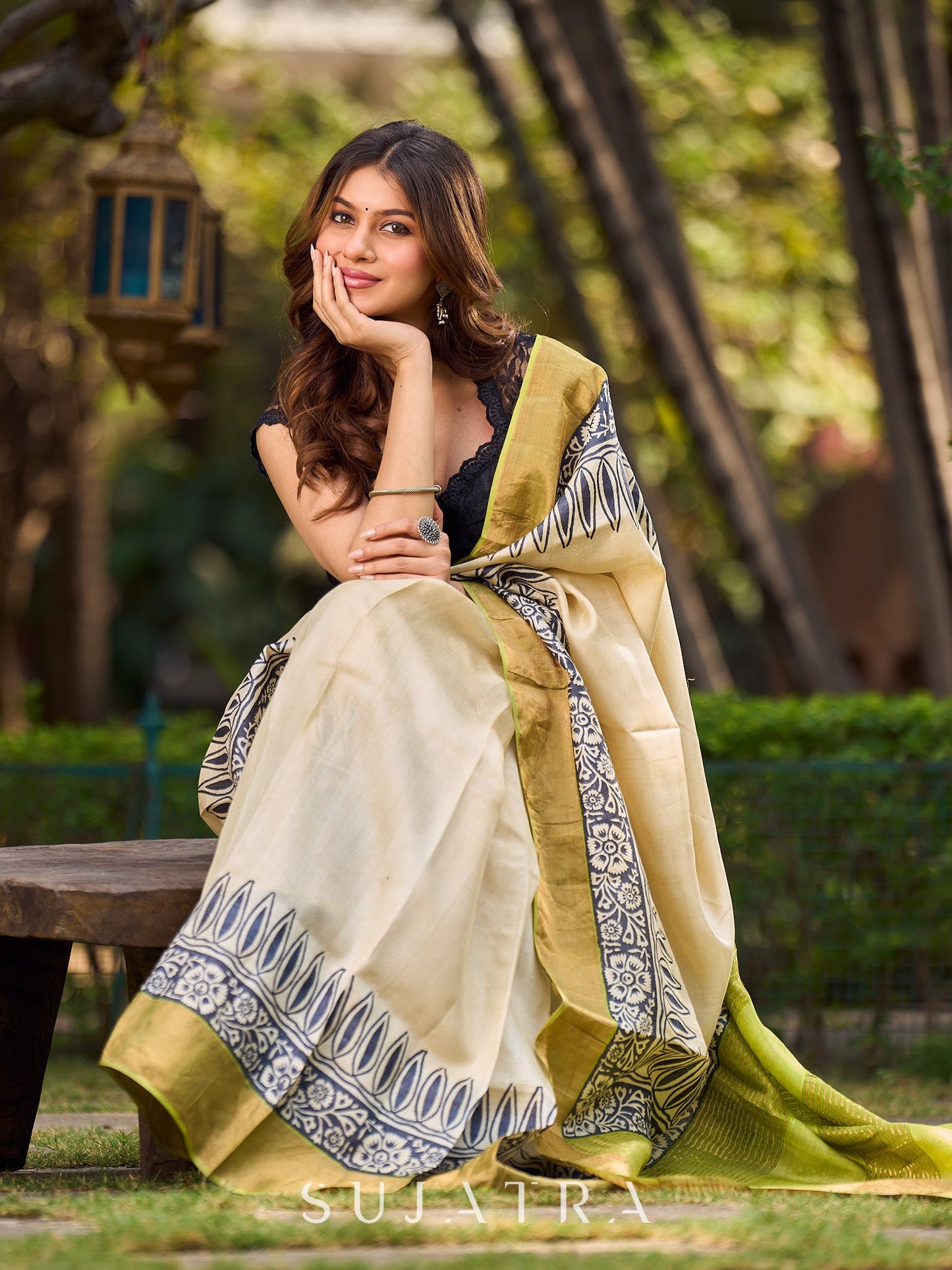 Off-White Handwoven Pure Tussar Silk Block Printed Saree with Traditional Green and Gold Zari Detailing