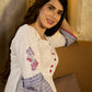 Blooming White Flared Cotton Dress with Placement Block Print Florals & Indigo Geometric Hem & Cuff Band