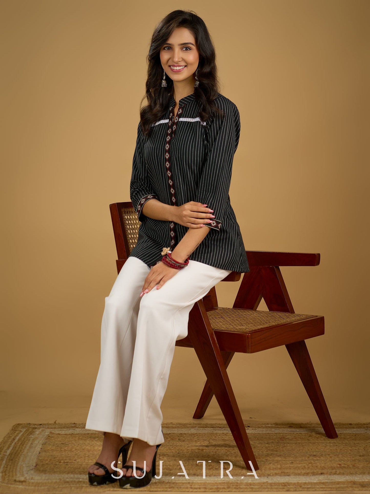 Classy black cotton ikat top with stylish lace details