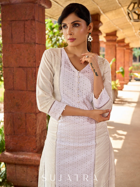 Stylish white cotton Hakoba combination kurta featuring intricate surface texture - pant optional