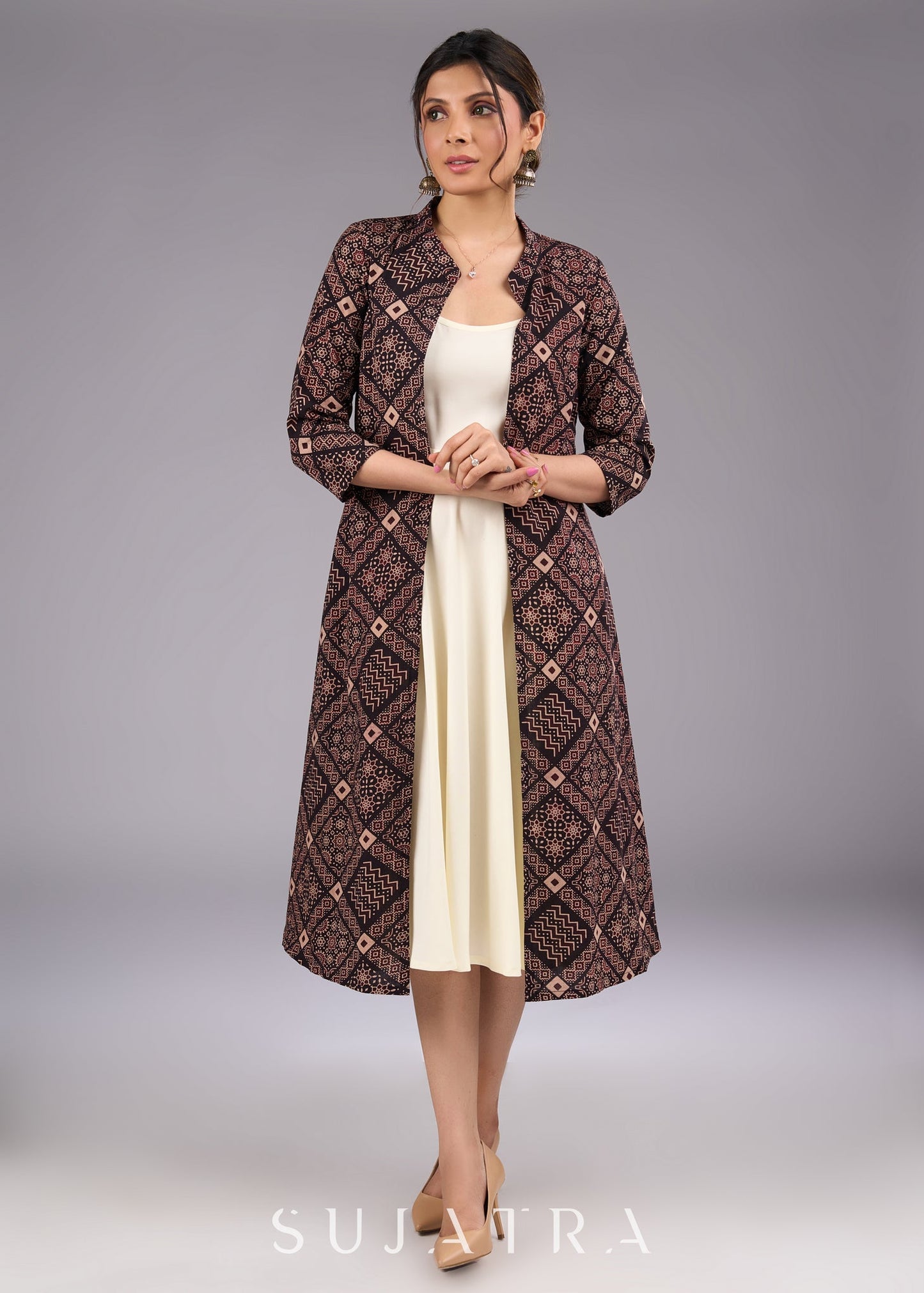 Mystic Charcoal Long Ajrakh Print Jacket