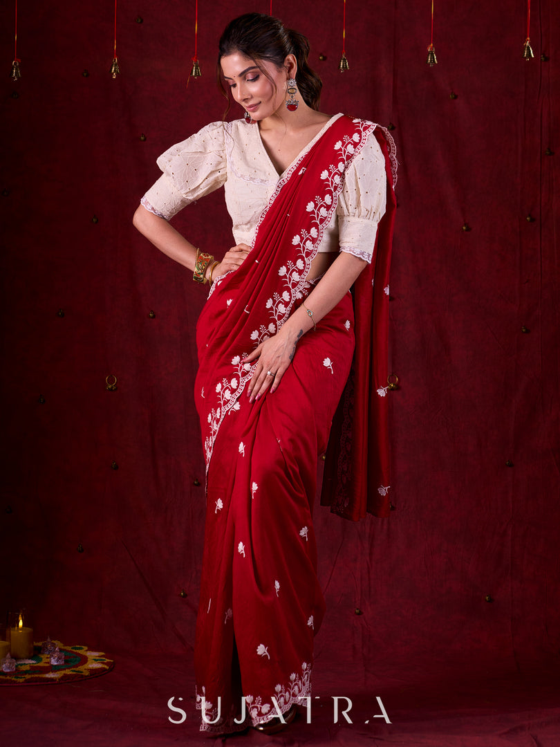 Ruby Red Chanderi Saree Adorned with All-Over Butta & Exquisite Embroidered Border